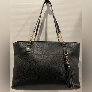 MICHAEL KORS Jet Set Gold Chain Tassel Black Pebbled Leather Large Luggage Tote